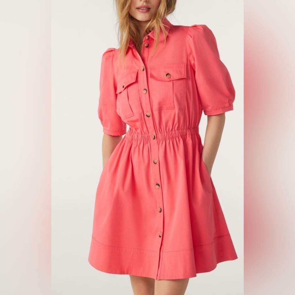 BA&SH Lincoln Mini Shirt Dress Puff Sleeves Pink Medium